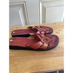 Bohemian Mexican Handmade Leather Sandals With Floral Embellishments Sz  9.5/10